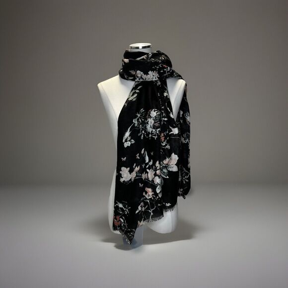 Floral Scarf JANE & BERRY 37" By 37" Black Pink Gray Polyester NEW - Picture 1 of 9